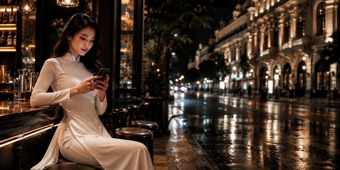 Người phụ nữ Hà Nội mặc áo dài trải nghiệm trò chơi bắn cá trực tuyến trên thiết bị di động