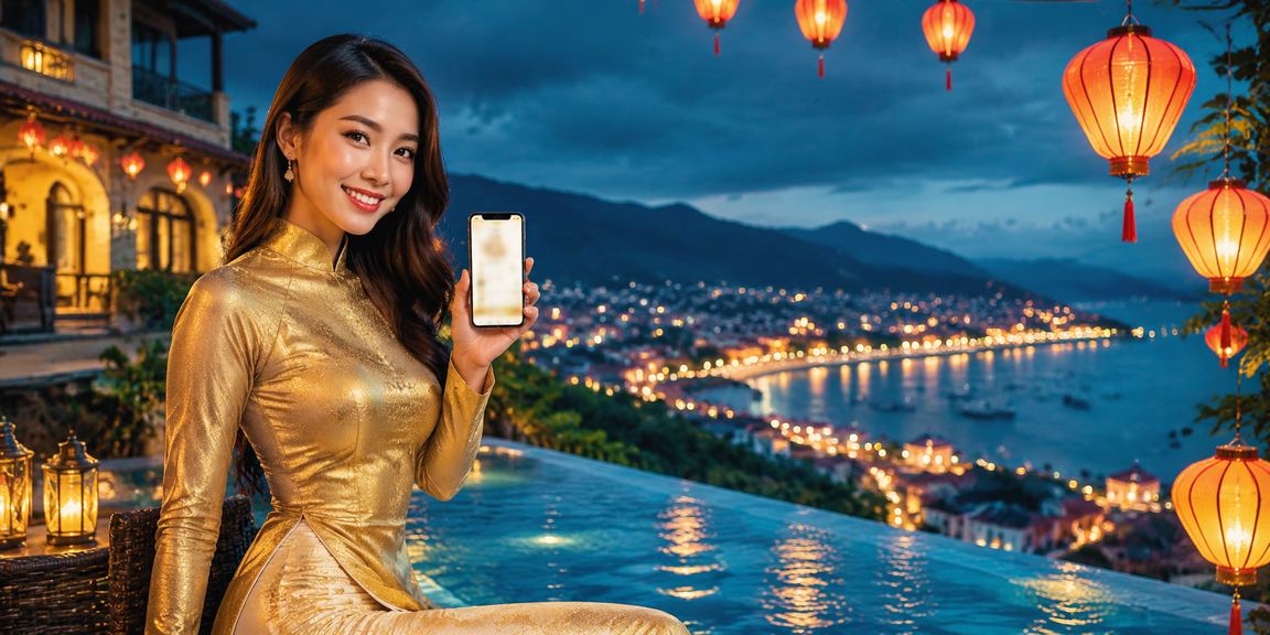 Người dùng tại Hội An trải nghiệm ứng dụng casino trực tuyến trong không gian phố cổ về đêm