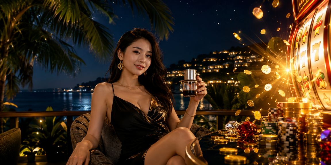 Khung cảnh nghỉ dưỡng tại Phú Quốc kết hợp với trải nghiệm slots trên điện thoại bên ly cà phê